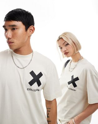 COLLUSION Unisex X logo cotton t-shirt in off-white	 Collusion