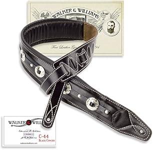 Walker & Williams C-44-BLK Classic Gloss Black Premium Grain Leather Double Padded Concho Strap 3.5" Wide For Acoustic, Electric, And Bass Guitars Walker & Williams