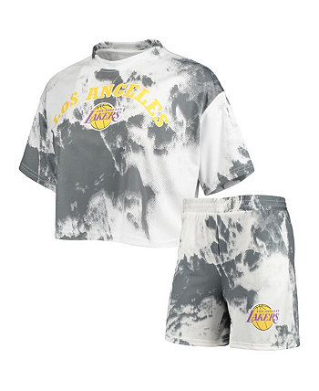 Женский бело-черный комплект из укороченного топа и шорт Los Angeles Lakers с принтом тай-дай NBA