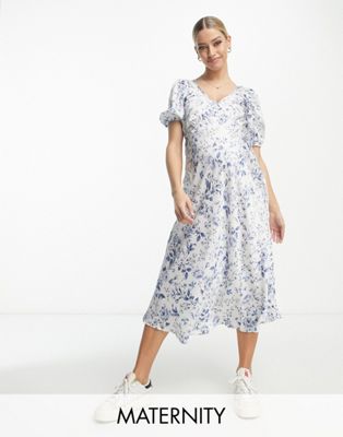 New Look Maternity satin tie back midi dress with puff sleeves in blue floral New Look Maternity