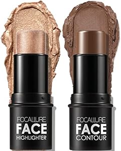 FOCALLURE 2 Pcs Mineral Cream Contour Stick,Moisturize Highlighter and Bronzer Pen,Non Stick Face Brightens & Shades Pencil,Long Lasting & Smooth Gliding Face Illuminator Makeup,Deep FOCALLURE