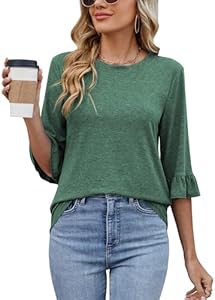 Poetsky Women's 3/4 Sleeve Tops Casual Crew Neck T Shirts Spring Summer Loose Ruffle Tunic Blouses Poetsky