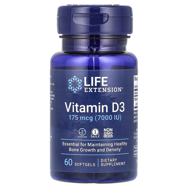 Витамин D3 - 175 мкг (7000 МЕ) - 60 мягких капсул - Life Extension Life Extension