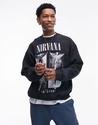 Topman oversized fit sweatshirt with Nirvana angel print in washed black TOPMAN