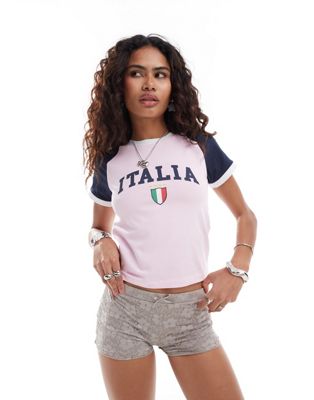 ASOS DESIGN raglan baby tee with italia soccer graphic in navy and pink ASOS DESIGN