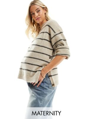 Бежевый вязаный свитер в полоску с высоким воротником для беременных Mamalicious MAMALICIOUS