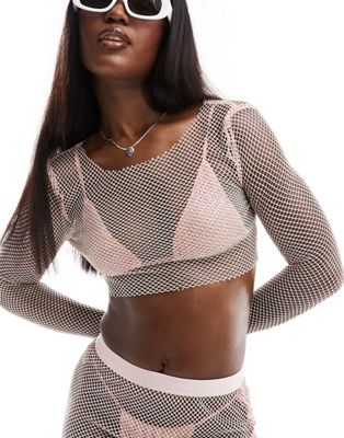 Simmi diamante netting long sleeve crop top in baby pink - part of a set Simmi Clothing