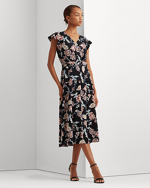 Креповое платье миди с цветочным принтом и поясом Ralph Lauren