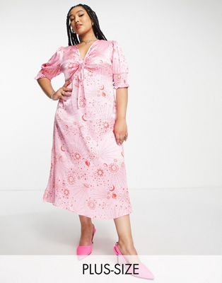 Neon Rose Plus ruched bust midi tea dress in pink red celestial satin Neon Rose Plus