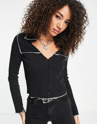 Violet Romance button front top with contrast seams in black VIOLET ROMANCE