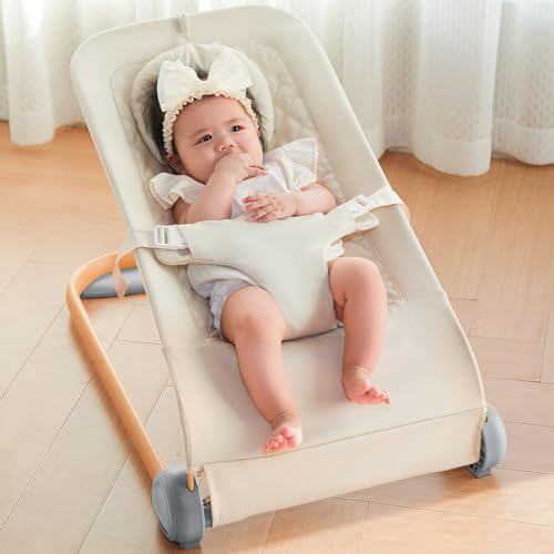 Fodoss Baby Bouncer, портативное сиденье- шезлонг для младенцев, портативная прикроватная люлька с колесиками, 7 детских люлек с регулируемой высотой для младенцев, бежевый Fodoss