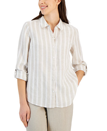 Petite Lounge Stripe Button Front Linen Top, Created for Macy's Charter Club
