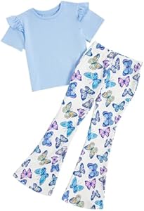 OYOANGLE Girl's 2 Piece Outfits Clothes Set Print Short Sleeve T-Shirt and Flare Pants Set Oyoangle