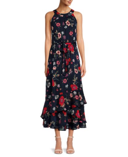 Платье миди с поясом и цветочным принтом Calvin Klein
