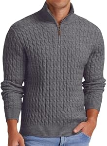 Мужской Свитер Askdeer Quarter Zip Cable Knit Mock Neck Поло Мягкий Кэжуал Пуловер с Резинкой Askdeer