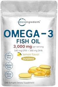 Omega 3 Fish Oil Supplements 3,000mg Per Serving, 240 Softgels | Lemon Flavored – Burpless | EPA 540mg + DHA 360mg | Heart & Brain Support | Deep Sea Fish Micro Ingredients