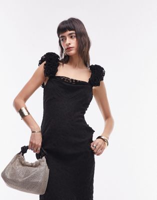 Topshop premium slip maxi dress with 3D ruffle sleeve in black jacquard polka dot TOPSHOP