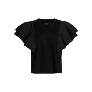 Cotton Ruffled V-Neck T-Shirt Barneys New York