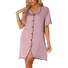 Women's Nightshirt Satin Short Sleeve Sleepshirt Button Down Pajama Nightgown Cheibear