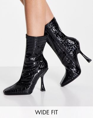 Glamorous Wide Fit flare heel boot in black patent Glamorous Wide Fit