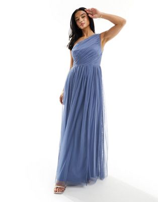 Anaya Petite Bridesmaid tulle one shoulder maxi dress in blue Anaya