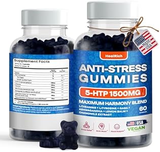 Stress Relief Gummies - 1500MG 5HTP with L-Theanine Gaba & L-Tyrosine - Ashwagandha Herbal Supplement Supports Intellectual Alertness Vegan Brain Mood Booost Supplements for Kids & Adults Made in USA HealRich