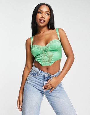 Love Triangle corset top with lace trim in green Love Triangle