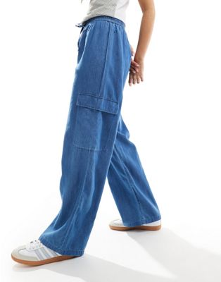 ONLY Marla wide leg denim cargo pants in mid blue  ONLY