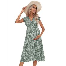 Women's Maternity Dress V Neck Ruffle Sleeve Wrap Summer Casual Floral Flowy Maxi Dress Kojooin
