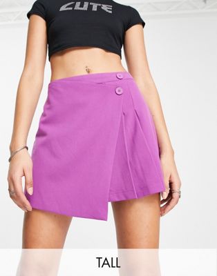 Only Tall asymmetric wrap pleated mini skirt in purple Only Tall