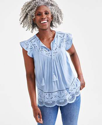 Women's Mixed-Media Lace-Trimmed Top, Created for Macy's Style & Co