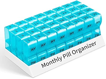 Monthly Pill Organizer 2 Times a Day, 30 Day Pill Box Organizer, One Month AM PM Pill Case Small Compartments to Hold Vitamin and 31 Day Travel Medicine Organizer, 4 Week Pill Cases (Blue) COLORWING