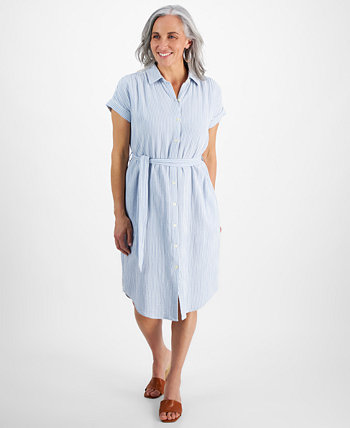 Petite Striped Cotton Camp Shirt Dress, Created for Macy's Style & Co
