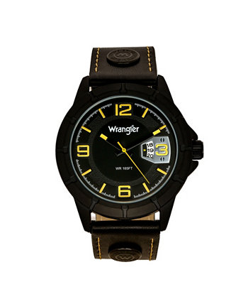 Мужские часы, 48-миллиметровый IP-корпус с черным рисунком, черный сатиновый циферблат с желтыми арабскими цифрами, аналоговый, желто-черный ремешок с заклепками с логотипом и желтой строчкой Wrangler