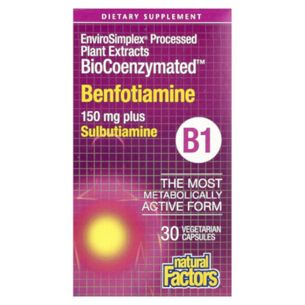 BioCoenzymated B1, Бенфотиамин плюс Сульбутиамин - 150 мг - 30 вегетарианских капсул - Natural Factors Natural Factors