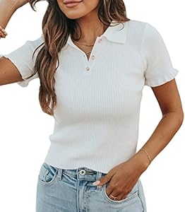 Womens Short Sleeve Sweater Tops V Neck Button Collared Ribbed Knit Pullover Shirt Slim Cropped Fall Blouse Tee MURMUREY