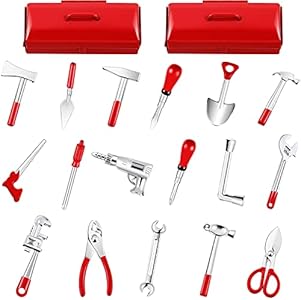 19 Pieces 1:12 Miniature Dollhouse Tools Metal Doll House Tool Miniature Doll Repair Tool with 2 Pieces Red Tin Boxes Dollhouse Accessories Girls Pretend Play Toy for Dollhouse Decoration DIY Crafts Gejoy