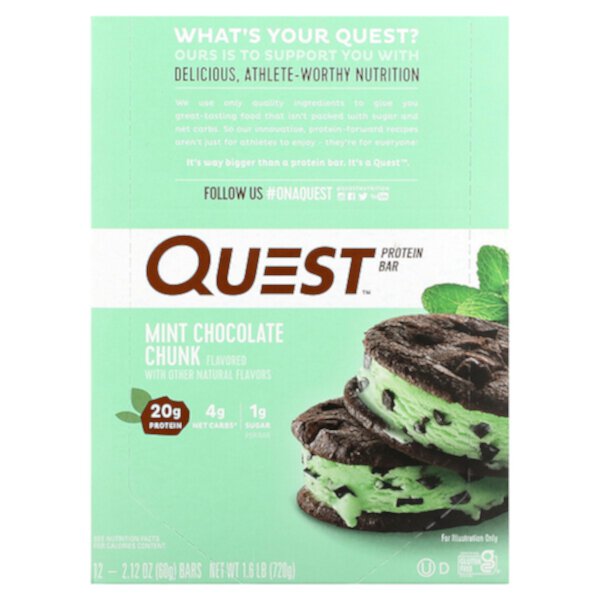 Протеиновый батончик, кусочки мятного шоколада, 12 батончиков, 2,12 унции (60 г) каждый Quest Nutrition