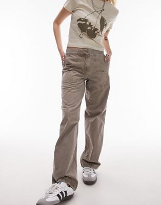 Серо-коричневые брюки прямого кроя с низкой посадкой Topshop Petite Topshop Petite