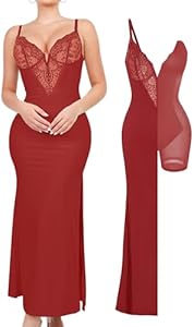 Женская Ночная сорочка Popilush Deep-V Neck Lace Satin Drape Slip Split Bodycon Cocktail Maxi Popilush