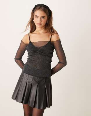 Gina Tricot glitter mesh off-shoulder top with sheer panel in black metallic GINA TRICOT