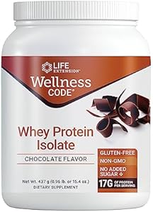 Life Extension Wellness Code® Whey Protein Isolate (Chocolate), protein and branched-chain amino acids for muscle growth & immune health, no sugar added, gluten free, non-GMO, 437 grams, 20 servings Life Extension