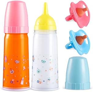 JOYIN Doll Magic Bottle Set, 2 Disappearing Magic Milk & Juice Bottles with Caps and 2 Toy Pacifiers Baby Doll Accessories Feeding Set Stuff for Girls Christmas Birthday Gift JOYIN