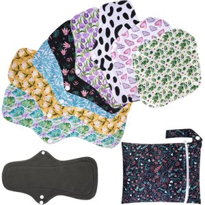 8Pcs Reusable Menstrual Pads for Women, 3 Size Bamboo Cloth Sanitary Pads Set with Wet Bag for Heavy Flow with Wings PHOGARY