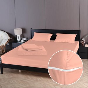 4 Piece Zipper Sheet Set Includes (1 Zipper Fitted Sheet, 1 Flat Sheet And 2 Zipper PillowCase) with 24 Inch Deep Pocket 800 TC 100% Egyptian Cotton Solid Peach Color Olympic Queen Size D.N.G. BEDDINGS