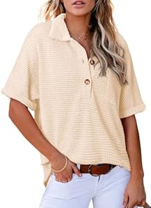 Astylish Women Boyfriend Waffle Knit Tunic Henley Shirts Solid Color Short Sleeve Dressy Blouses Tops with Pocket Astylish