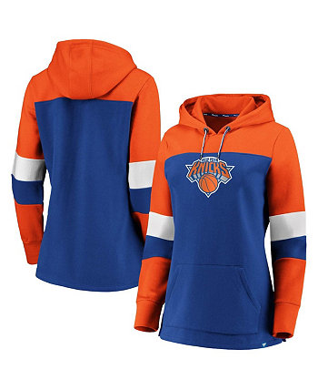Женская толстовка с капюшоном New York Knicks Iconic Heavy Block с капюшоном синего и оранжевого цветов Fanatics