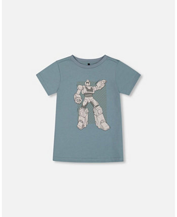 Big Boys Organic Cotton Graphic Tee Grayish Teal And Robot Deux par Deux