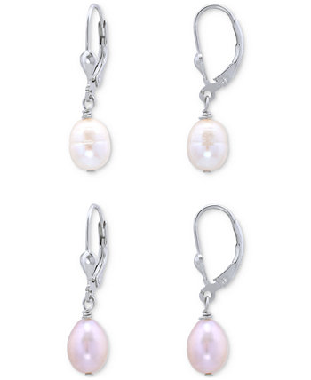 2-Pc. Set White & Dyed Pink Cultured Freshwater Oval Pearl (10 x 8mm) Leverback Drop Earrings Macy's