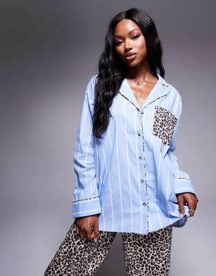 ASOS DESIGN mix & match woven stripe and leopard print pajama shirt Asos Design